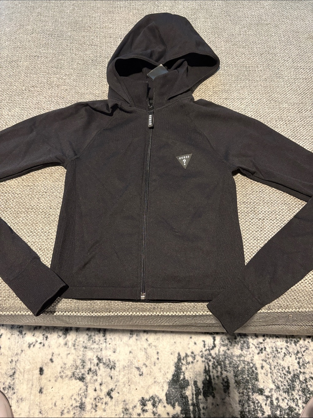 GUESS Black Hooded Zip Jacket with Logo Triangle and collar